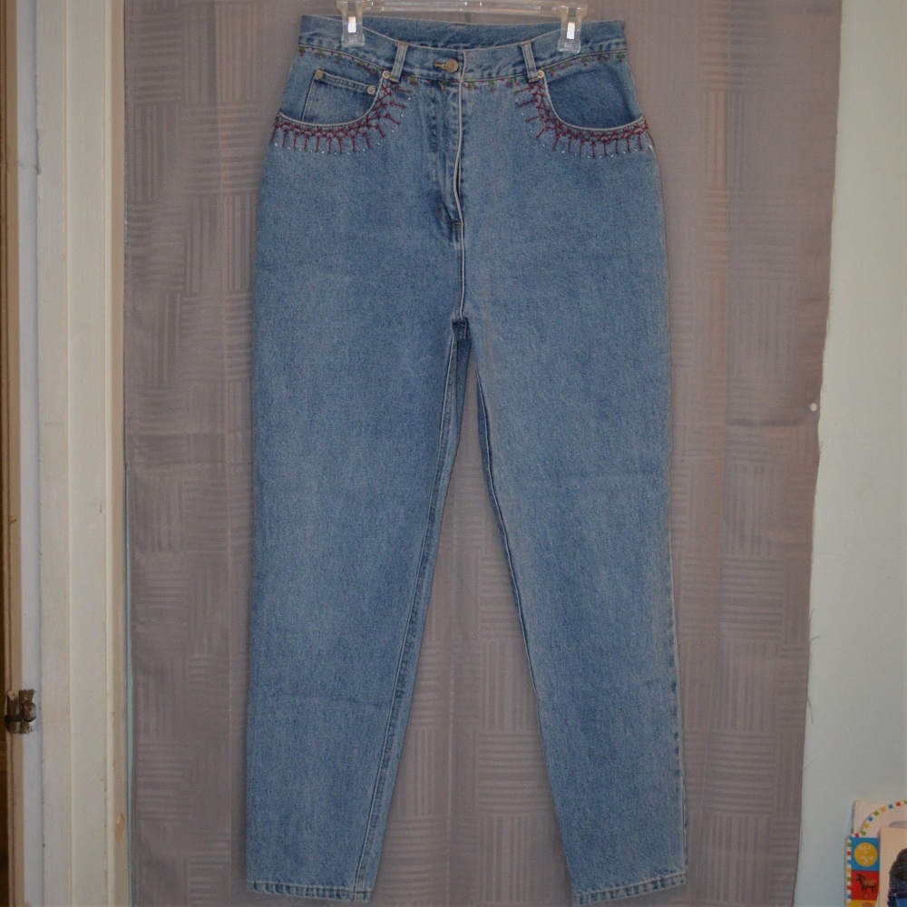 Cambridge Dry Goods Light Blue Denim Jeans with Red Embroidery